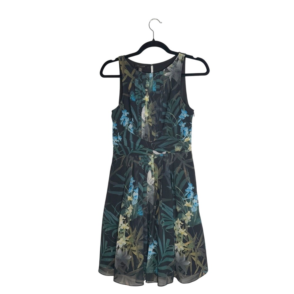 NWOT Ted Baker London Floral Print Pleated Fit & Flare Dress SZ 1